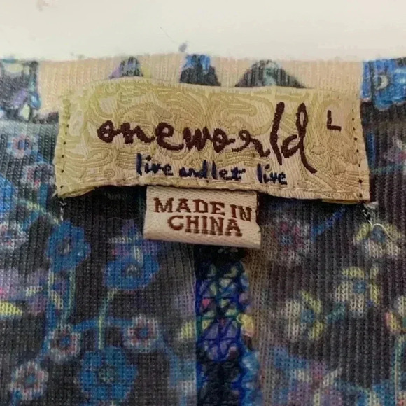 One World 3/4 Sleeve Tee Shirt w Stiff Embroidery Affixed, soft and stretchy - Picture 5 of 7